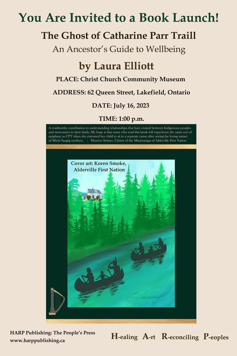 Excited to share the back cover art for my book The Ghost of Catharine Parr Traill, created by Michi Saagiig artist, Koren Smoke, depicting the close yet complex relationship CPT had with those who stewarded the land long before she arrived, and taught her many vital lessons.