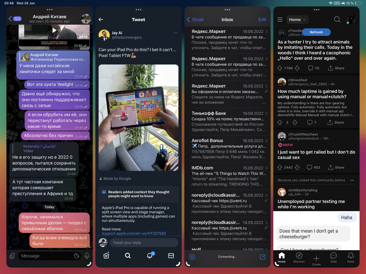 Kotansky1's tweet photo. @thetechvengers @madebygoogle Literally can’t imagine my iPad running more than 1 app at a time https://t.co/96rKEuwRV3
