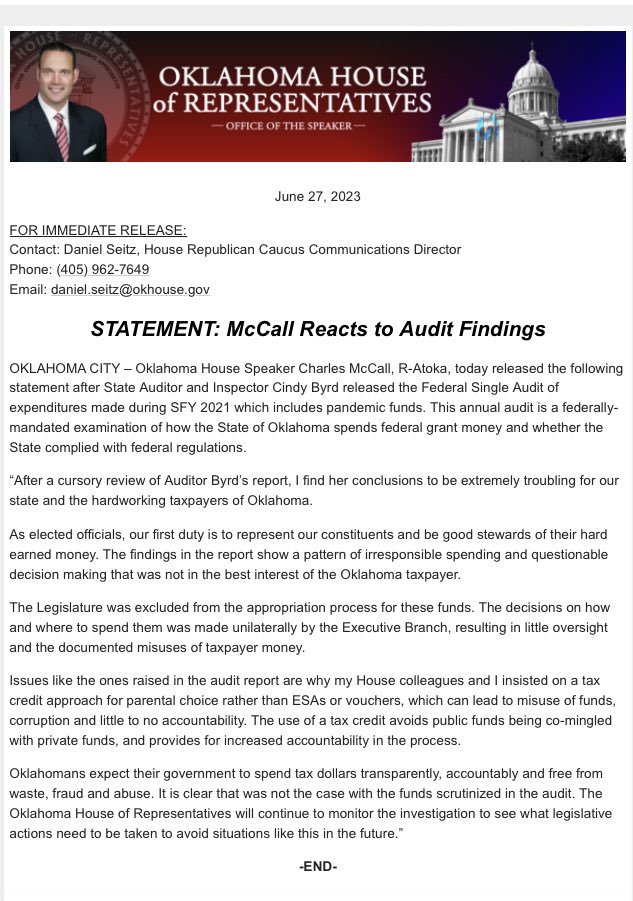 Speaker of the House, Charles McCall reacts to today’s audit findings against Walters/Stitt.

“The findings in the report show a pattern of irresponsible spending and questionable decision making that was not in the best interest of the Oklahoma taxpayer.”

#oklaed