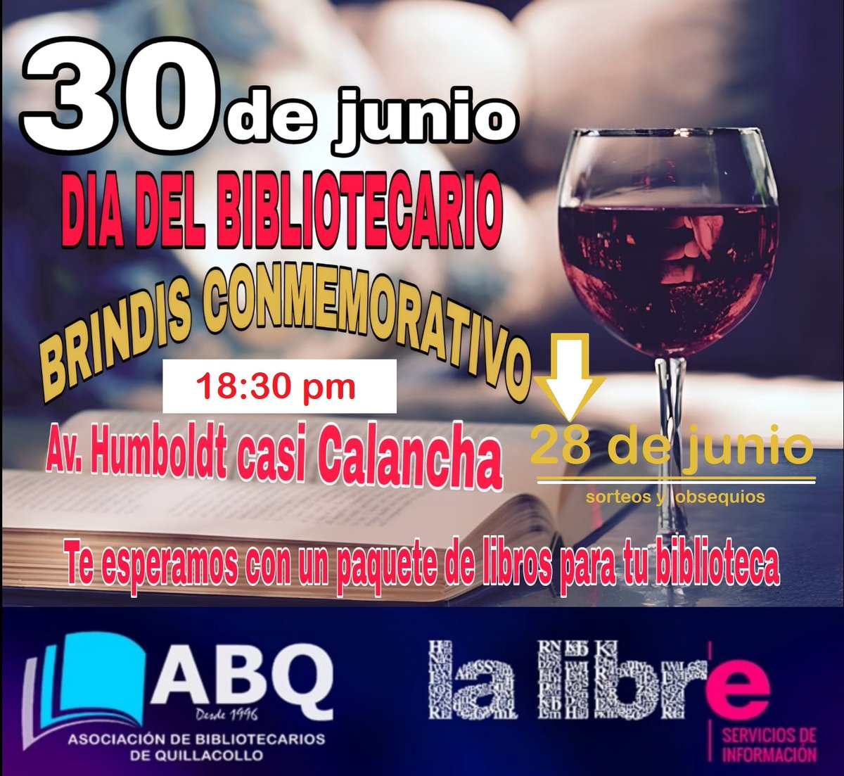 Porque también nos lo merecemos.🍷
Este 28 de junio, nos damos un respiro como felicitación por el #DíadelBibliotecario. ✨ Invitamos a toda la comunidad lectora y colegas a un brindris conmemorativo en nuestro nombre.
¡Te esperamos!📍Av. Humboldt 1135 casi Calancha. Hrs. 18:30.