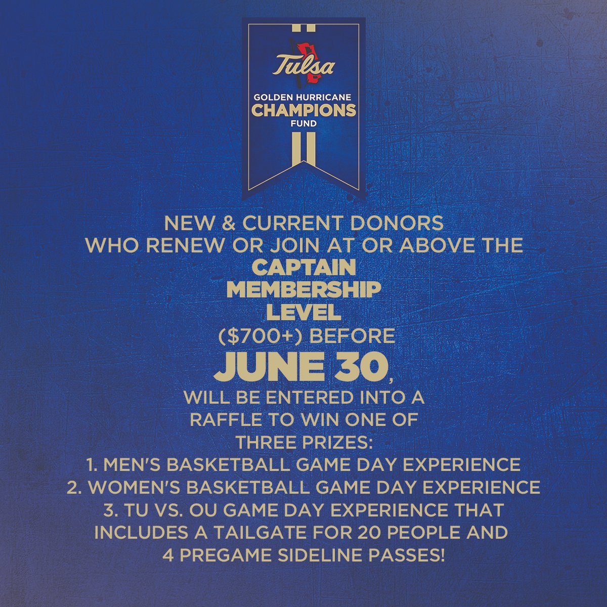 4 more days until June 30!

Get your donations in by June 30th and Enter-To-Win one of our Champions Fund Giveaways.

🌀TU Swag Bag
🌀Awesome TU Game Day Experiences

Donate here: : bit.ly/JoinGHCF

#ReignCane #LoyalAlwaysTrue