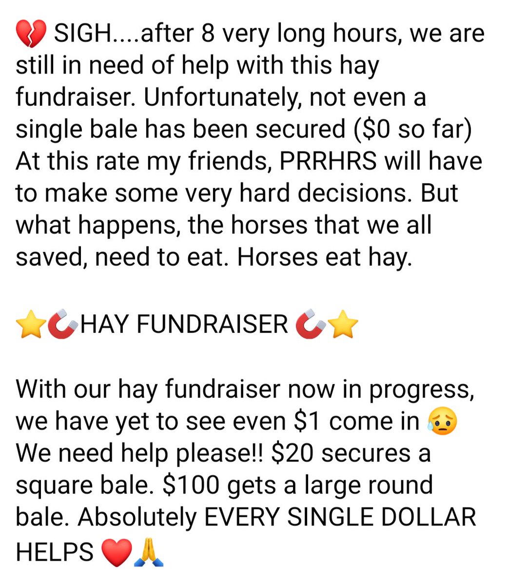 ‼️Important message below‼️We cannot keep going at this rate 😔 Simply put, we need your support 🙏

paypal.me/PRRHorseRescue 

cash.app/$PRRHorseRescue 

Venmo
@PalominoRidgeRanchHorseRescue 

Or our website (donations accepted) 
PalominoRidgeRanchHorseRescue.org
#help #horses #fundraiser