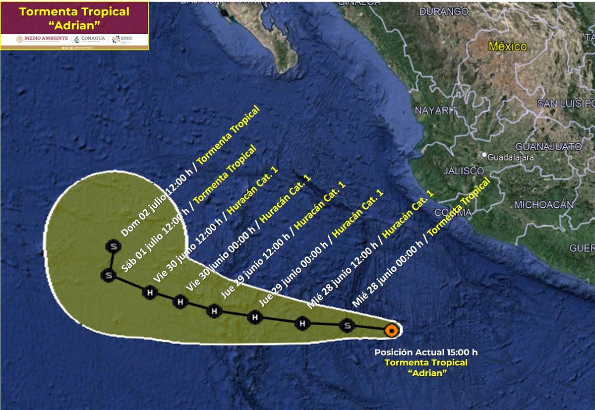 lider919's tweet photo. #Jalisco | Esta tarde se ha formado la primera #TormentaTropical del 2023 en el Océano Pacífico.  

#Adrián se localiza  lejos de territorio mexicano. Si bien puede favorecer a potenciales lluvias durante los próximos días, NO representa un peligro directo para Jalisco.🌀 https://t.co/vWPhweCWev
