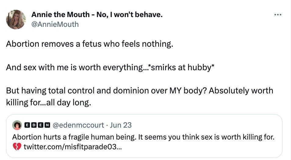 cybermom1999's tweet image. #ProAbortionLogic Another one who admits she&apos;s willing to kill rather than give up having sex. This one justifies it because the fetus &quot;feels nothing.&quot; Even if that were true, not feeling it does not justify killing someone else.