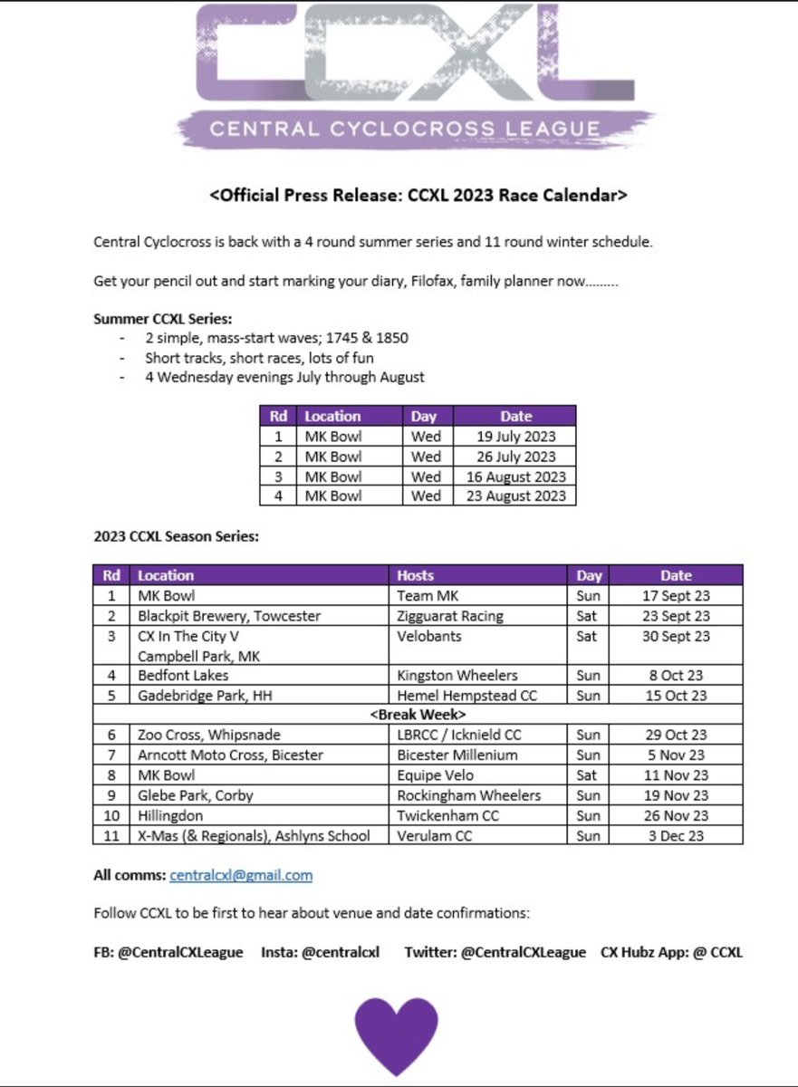 *2023 SEASON DATES KLAXON**
Summer CX is back - entries are open now. 
PLUS: 2023 season dates are now confirmed; new venues, new hosts &amp; 11 rounds, all wrapped up before xmas.
.
All the links you need can be found on CX Hubz App or from centralcxl.org.uk