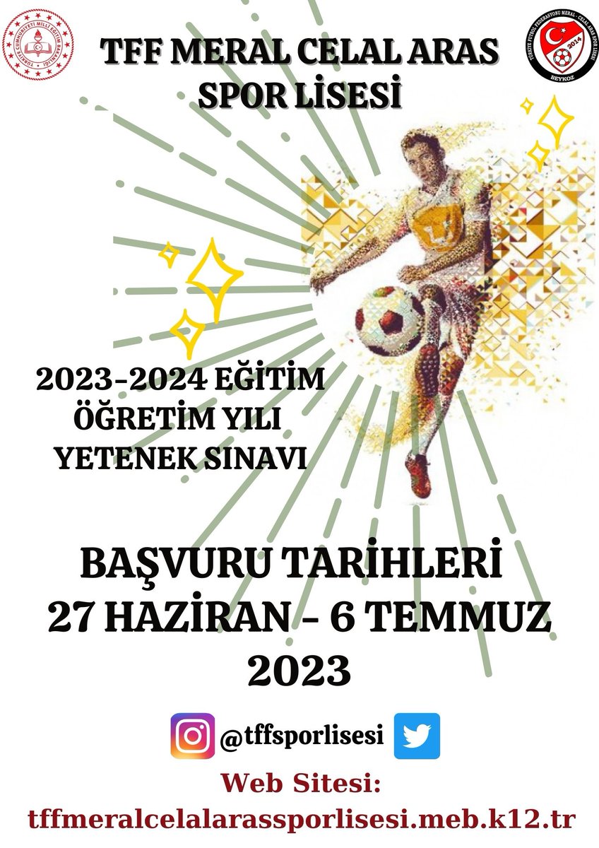 2023 yılı yetenek sınavımız için başvurular 27Haziran-6Temmuz tarihleri arasında e-okul üzerinden yapılacak. Okulumuza ait kılavuzu web sitemizde bulabilirsiniz. <a href="/istanbulilmem/">İstanbul İl Millî Eğitim Müdürlüğü</a> <a href="/istanbul_MTE/">İstanbul Mesleki ve Teknik Eğitim</a> <a href="/keskin_candar/">Candar Keskin</a> <a href="/MEMBeykoz/">Beykoz İlçe Millî Eğitim Müdürlüğü</a> 
 tffmeralcelalarassporlisesi.meb.k12.tr/icerikler/2023…
