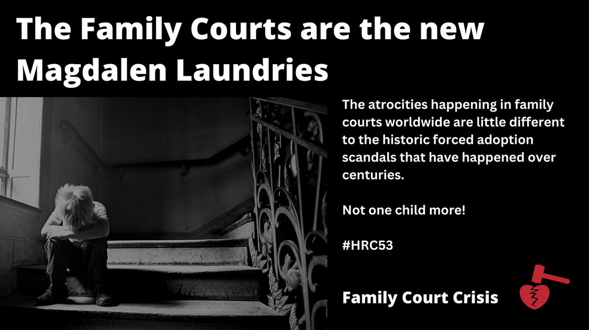The Family Courts are the new Magdalen Laundries.

The atrocities happening in family courts are little different than the historic forced adoption scandals that have happened in may countries over the centuries.

Not one child more.

#HRC53

Justice for the family court victims