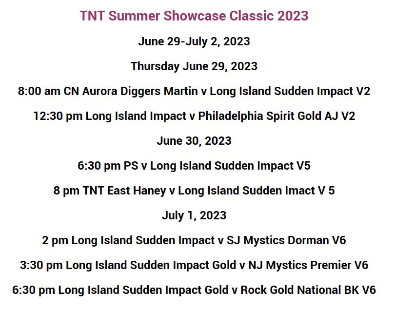 Here is my schedule for this weekend at the TNT tournament in Quakertown, PA. We are at the main fields, Veterans Park.