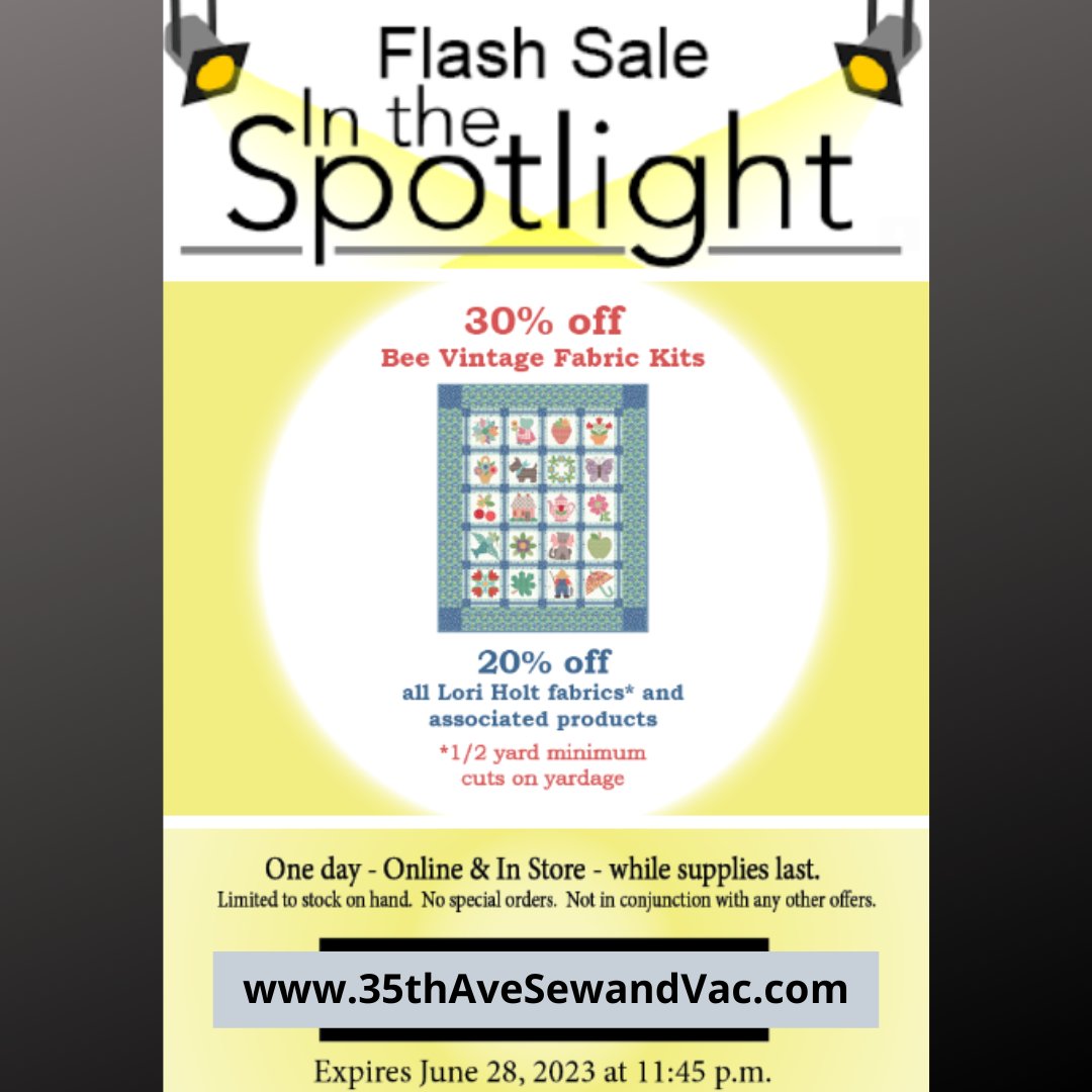 Visit 35thAveSewandVac.com to shop today's 1-Day Flash Sale!  #35thavesewandvac #sewing #quilting #fabric #fabrics #embroidery #notions #flashsale #onlinesale #greatdeals #fabricshop #fabricstore