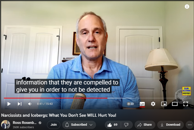 402 views  27 Jun 2023
In this video, Ross Rosenberg, M.Ed., LCPC, CADC, introduces his "Iceberg Hypothesis," which uses an iceberg as a metaphor for a pathological narcissist. Like narcissists, an iceberg only shows a small portion of itself on the surface, while hiding most of itself beneath the water.

Narcissists, especially covert narcissists or someone with antisocial personality disorder (sociopath), often portray themselves as kind, respectful, giving, and loving on the "surface," but in reality, they are hiding the dark, controlling, selfish and angry side of themselves "beneath the water."

ABOUT ROSS ROSENBERG
Ross Rosenberg, M.Ed., LCPC, CADC is a psychotherapist, educator, expert witness, and celebrated author. He is also a global thought leader and clinical expert in codependency, trauma, pathological narcissism, narcissistic abuse, and addictions.

Ross's pioneering codependency contributions are responsible for the sweeping theoretical and practical updates and developi