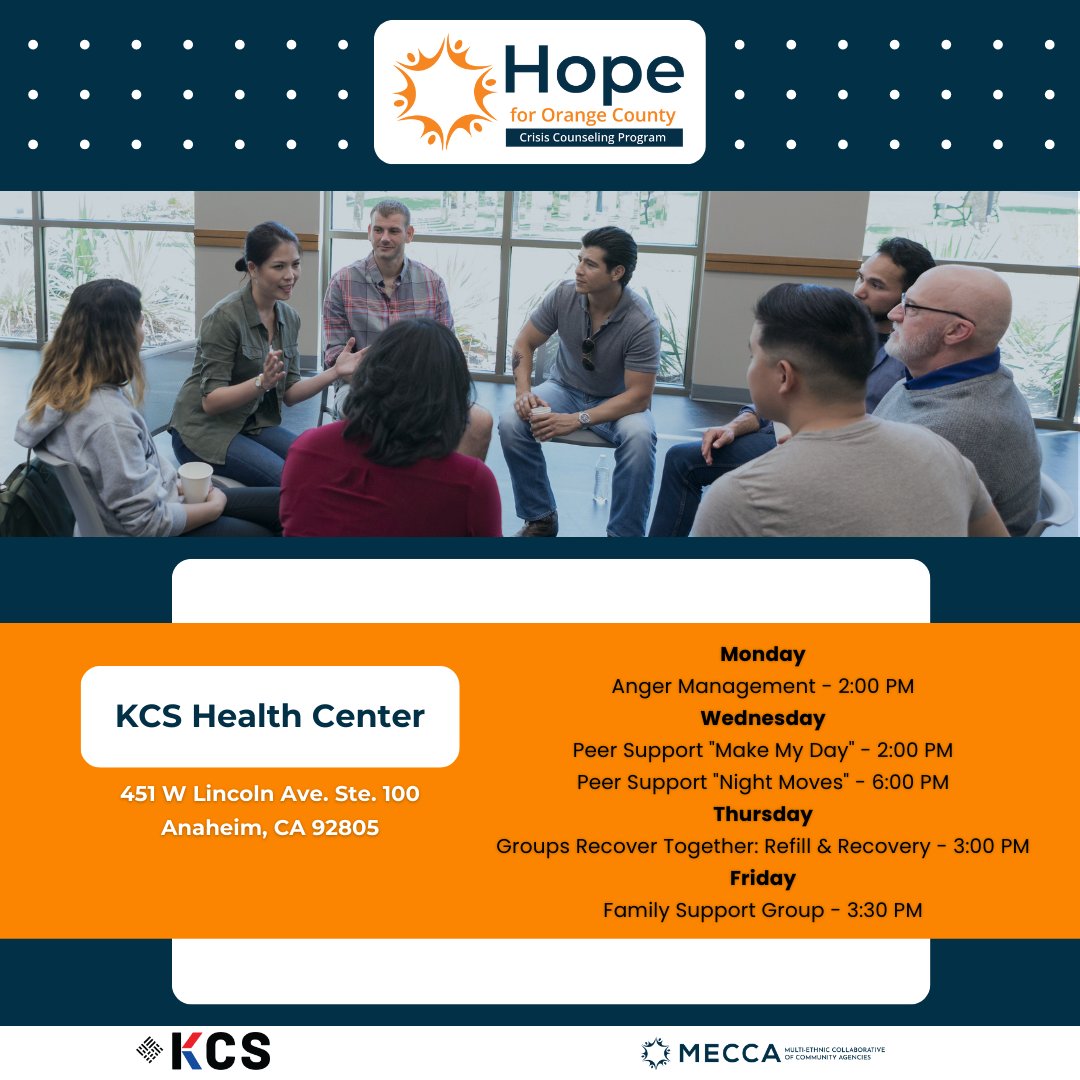 Good #mentalhealth can be difficult to maintain, especially now. We're here to support you with culturally competent individual and group counseling. Join us for our upcoming group session, or reach out for more options.

#ocmecca #hopefororangecounty