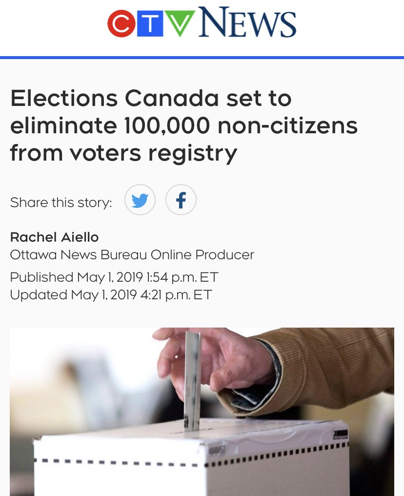 Are you? 

“Elections Canada has identified and is set to eliminate some 103,000 people from the federal voters register who have been determined to be on the list illegally because they are not Canadian citizens.”
