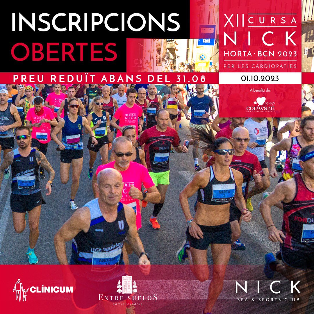 Torna la XII Cursa Solidària Nick Horta!  El diumenge 1.10.2023 vine a córrer pels carrers del barri d'Horta per les Cardiopaties Congènites. 

Cursa 100% benèfica 😍 per <a href="/Coravant/">CorAvant AACIC | Cardiopaties</a> 

Més info i inscripcions ➡️ nickspa.com/ca/carrera/ #cursanickhorta #cursa #cursasolidaria