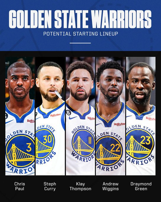 As @MarcJSpears reported: Expectations are that #CP3 will be in #Warriors S5 next season so their lineup could look like this:

PG: #ChrisPaul (6'0) 
SG: #StephenCurry (6'2) 
SF: #KlayThompson (6'6) 
PF: #AndrewWiggins (6'7) 
C: #DraymondGreen (6'6)

#NBAtwitter #NBApl #DubNation