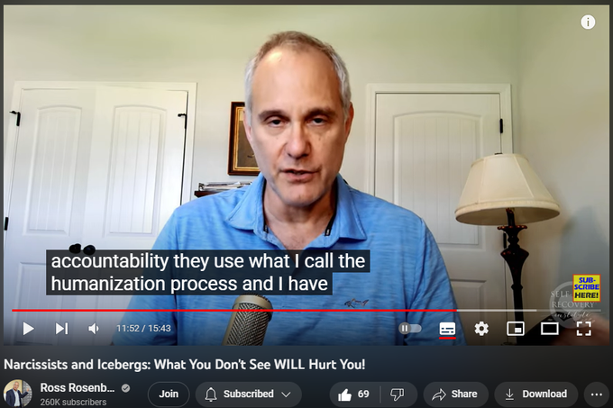 402 views  27 Jun 2023
In this video, Ross Rosenberg, M.Ed., LCPC, CADC, introduces his "Iceberg Hypothesis," which uses an iceberg as a metaphor for a pathological narcissist. Like narcissists, an iceberg only shows a small portion of itself on the surface, while hiding most of itself beneath the water.

Narcissists, especially covert narcissists or someone with antisocial personality disorder (sociopath), often portray themselves as kind, respectful, giving, and loving on the "surface," but in reality, they are hiding the dark, controlling, selfish and angry side of themselves "beneath the water."

ABOUT ROSS ROSENBERG
Ross Rosenberg, M.Ed., LCPC, CADC is a psychotherapist, educator, expert witness, and celebrated author. He is also a global thought leader and clinical expert in codependency, trauma, pathological narcissism, narcissistic abuse, and addictions.

Ross's pioneering codependency contributions are responsible for the sweeping theoretical and practical updates and developi