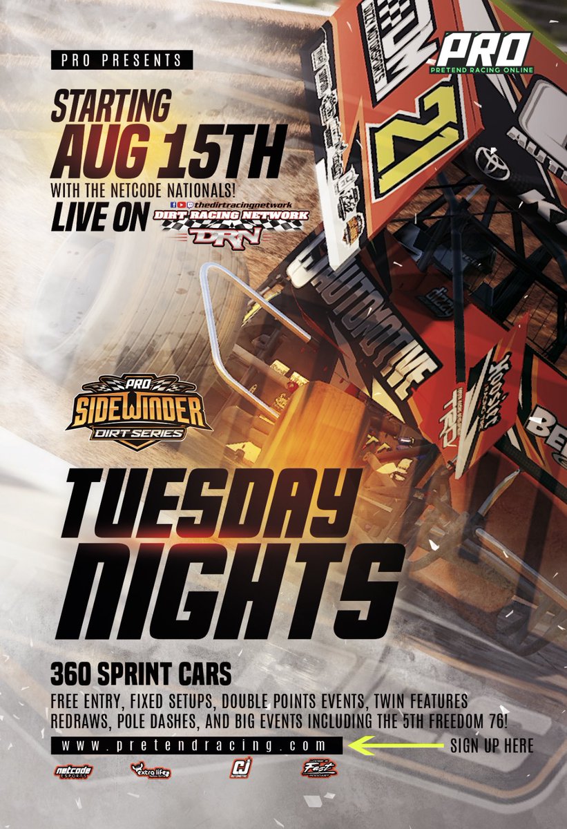 PretendRacing's tweet image. The 360 Sprint Cars are back for PRO’s 2023B Sidewinder Dirt Series🔥

Netcode Nationals, Freedom 76, Redraws, Pole Dashes, prizes, broadcasts and TIRE WEAR! 

Sign ups posted below! 
Oh, and the mirrors are turned off 🤭
