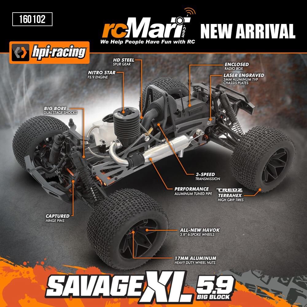 HPI Racing Savage XL 5.9 GTXL-6 1/8th 4WD Nitro Monster Truck NEW ARRIVAL!!! 

The XL has a Savage X chassis with an XtraLarge 3mm TVP chassis and engine plate, XtraLarge F5.9 Nitro Star engine, XtraLarge axle extenders and …..

>> rcmart.com/00125335 <<

#rcMart
#HPIRacing