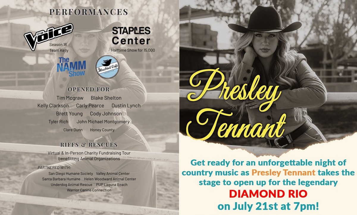 shopdoslagos's tweet photo. Get ready for an unforgettable night of country music as @presleytennant takes the stage to open up for the legendary DIAMOND RIO. Presley has shared the stage with musical heroes like Tim McGraw, Kelly Clarkson, Cody Johnson, Brett Young, &amp; more.

🎟 https://t.co/Lt3sOKTMnz https://t.co/6r8Llc2HTc