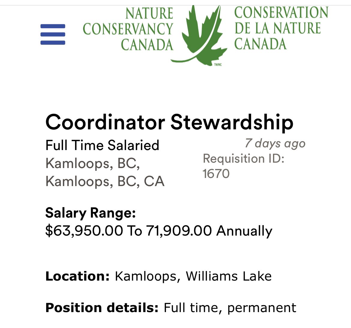 JOB: Central Interior Stewardship Coordinator (BC), @NCC_CNC 

* Coordinate land stewardship across BC’s Central Interior, esp. West Chilcotin & Fraser West
* No deadline posted — assume open until filled (aka apply ASAP)
natureconservancy.ca/en/who-we-are/…

#ConservationJobs