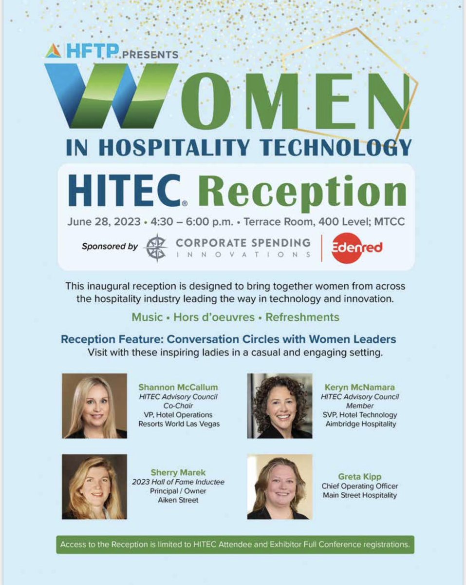 Planning your HITEC days?

Remember to stay for cocktails and conversations at the Women in Hospitality Technology Reception on Wednesday at 4::30

Level 400

#HITECtor23 @HFTP
#circle