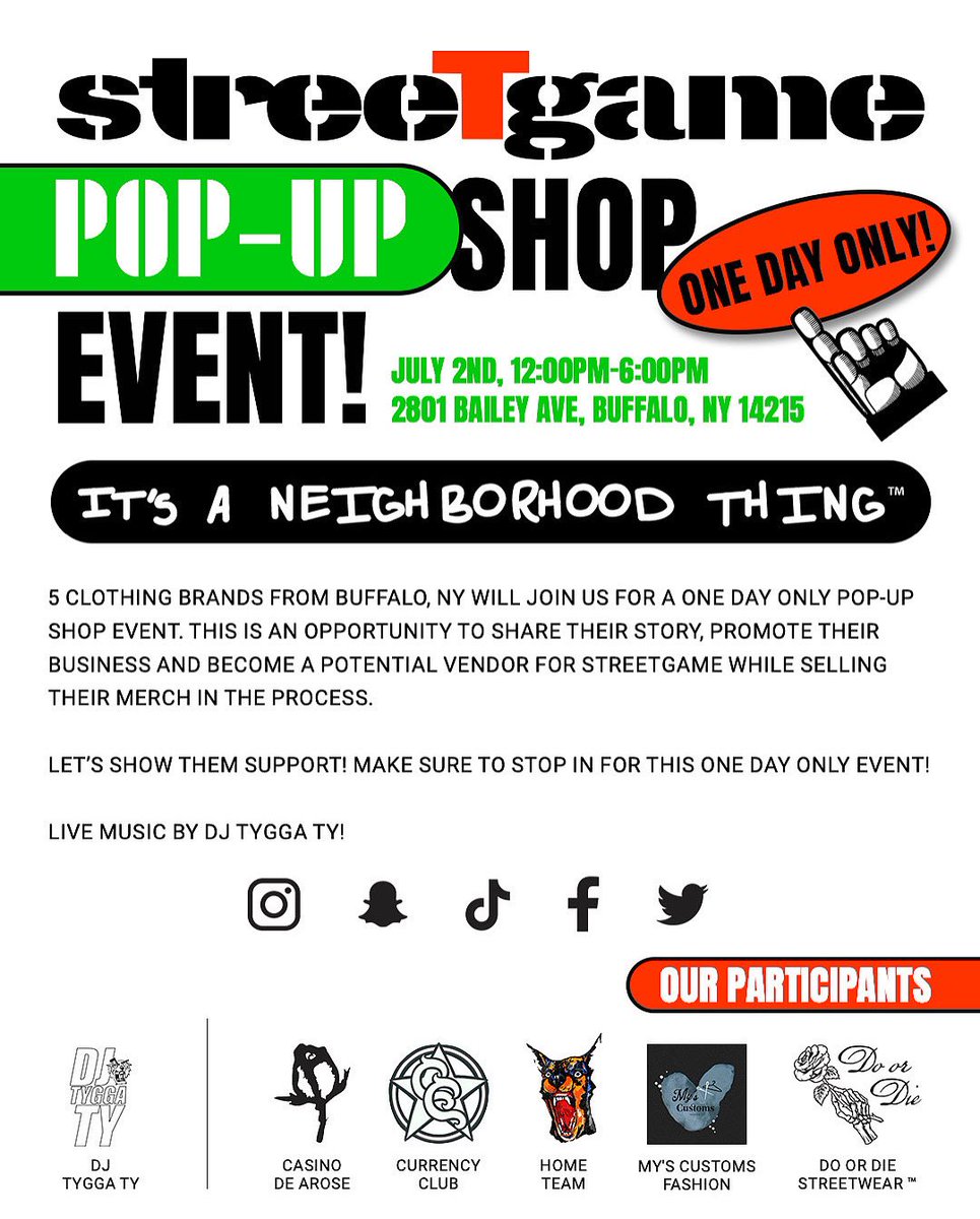 5 clothing brands from Buffalo, NY will join us for a one day only pop-up shop event. This is an opportunity to share their story, promote their business and become a potential vendor for streeTgame while selling their merch in the process.

Let’s show them support! Make sure to…