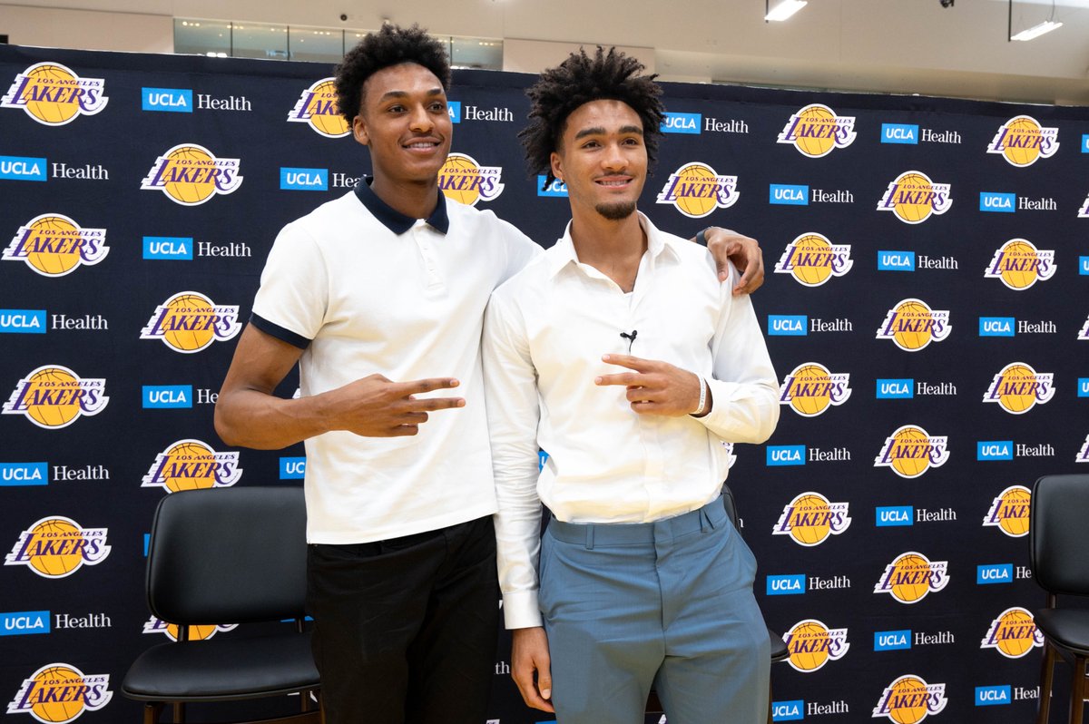 vidcrane's tweet photo. The newest #Lakers, #MaxwellLewis from Pepperdine and #JalenHood-Schifino from Indiana are introduced at a press conference at the Lakers training facility Tuesday. #NBA #NBADraft2023 https://t.co/kau2Z8O0RG