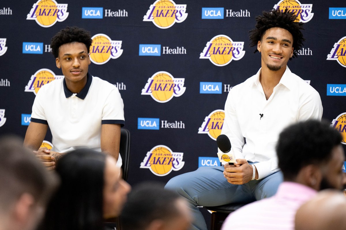 vidcrane's tweet photo. The newest #Lakers, #MaxwellLewis from Pepperdine and #JalenHood-Schifino from Indiana are introduced at a press conference at the Lakers training facility Tuesday. #NBA #NBADraft2023 https://t.co/kau2Z8O0RG