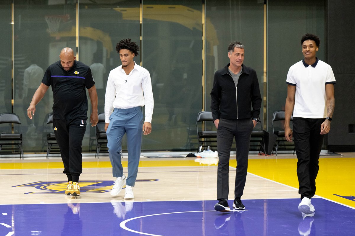 vidcrane's tweet photo. The newest #Lakers, #MaxwellLewis from Pepperdine and #JalenHood-Schifino from Indiana are introduced at a press conference at the Lakers training facility Tuesday. #NBA #NBADraft2023 https://t.co/kau2Z8O0RG