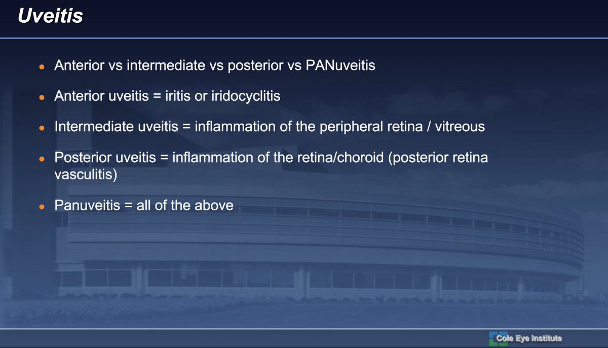 @Y_ECCO_IBD @ownyourcrohns @tinahamd @IBDMD @IBD_Afzali @DocCohenIBD @IBDHorizons @ibddoctor @UmaMahadevanIBD @bottomlineibd @ibdtweets @ChahalPrabhleen @BettenworthDb @Bealoquebea @DrsMeena @Iris_Dotan @IrisWangMD @VictorChedidMD @RajaAtreya @PascalJuillerat @IBDcanruti @GianlucaPellino @LoriPlung @DuekerJeffrey @ibdseb @geteccu @IGIBD @CrohnsColitisFn @getgutsycanada @IBD_JohnD @manu_barreiro @J_Kirchgesner @UChicagoIBD @jantchou @Neil_Betteridge @JessPhilpottMD @RavShahMD @BenClickMD @MLongMD @bruce_sands1 @DVinsard @SunandaKaneMD @KNWeaverMD @EdBarnesMD @DrMikeDolinger @drRobinDud @joshsteinbergMD @GI_PharmD @dmambo5 @ClevelandClinic A deeper look into each of the common 👀EIMs in the literature

👀Topical phenylephrine can help dx episcleritis (blanching of vessels)
👀Dull deep pain in scleritis, repeated uncontrolled events can cause scleral thinning. Will need non-topical tx
👀Review Uveitis subcalsses👇