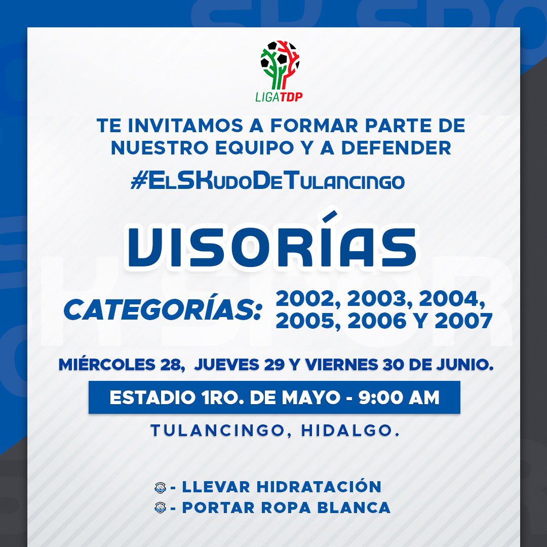 🌟 | Llegó la mejor oportunidad para defender #ElSKudoDeTulancingo.🫡

Asiste a nuestras visorías este miércoles, jueves y viernes en “El Glorioso”.🏟️

#ElSKudoDeTulancingoNosUne🛡️