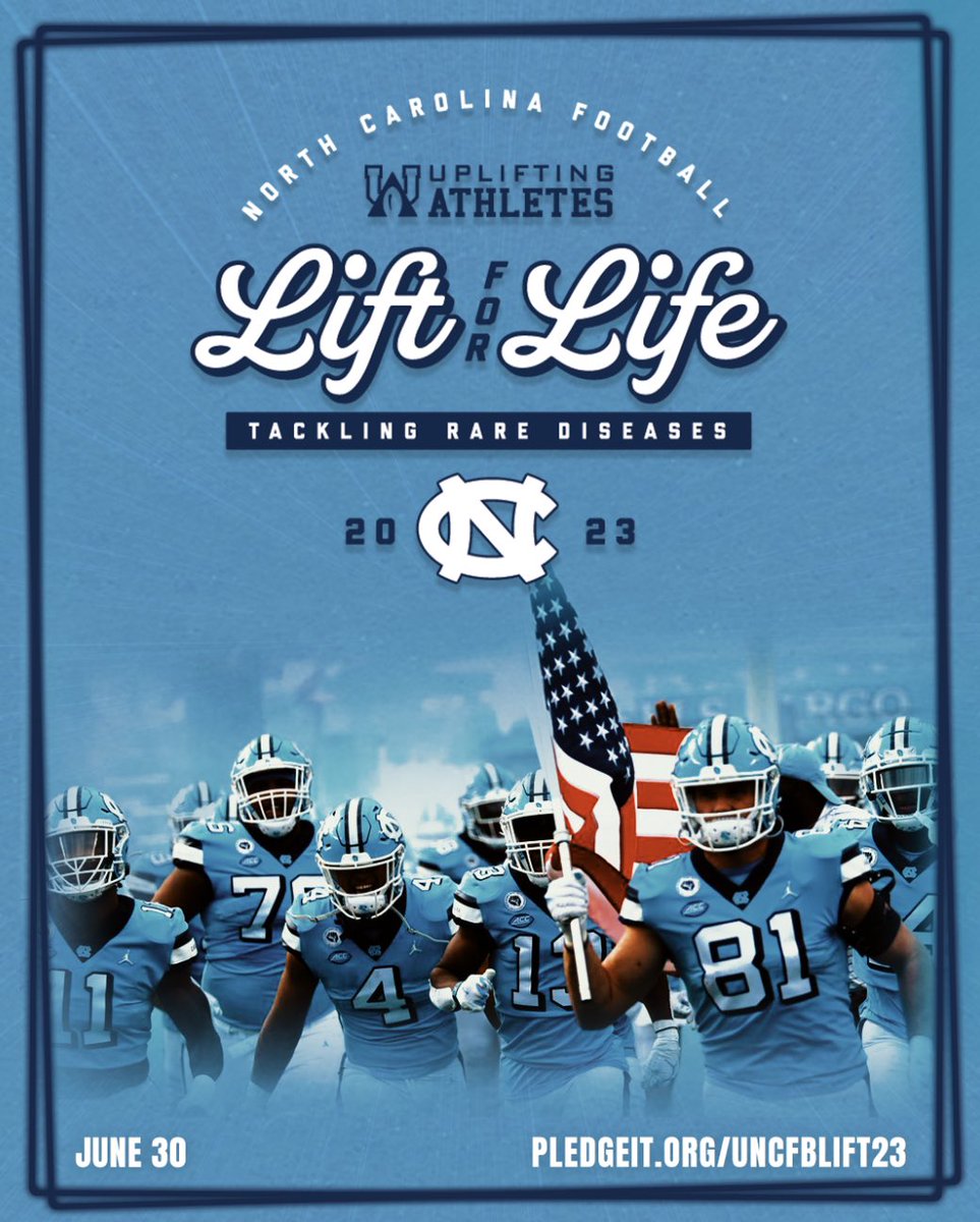 One workout. One cause. One community. One day to make a difference. We were built for this. @UNCFootball and @UpliftingAth are teaming up Lift for Life on June 30! We're going to push our limits. #WeTackleRare Pledge per rep to support us: pledgeit.org/north-carolina…