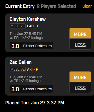 Here is a MLB LIVE play:

Kershaw is great push potential. Should be able to get one per inning, I expect that bottom of the order has 2K+ potential. In addition, Gallen at home is lethal. He will see 6/9 batters as RHH, Gallen is 7-0 at home. No Lowe also makes this an even…
