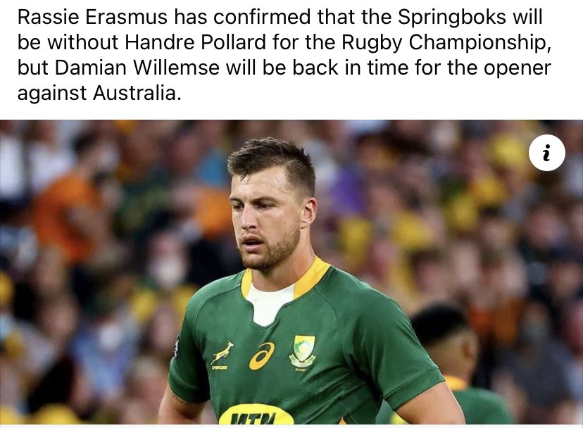 Breaking News!: Handre Pollard to miss the Rugby championships! Could we potentially see Damian Willemse or Manie Libbok replace him? #scrumatme #rugby #Championship #Springboks #southafrica