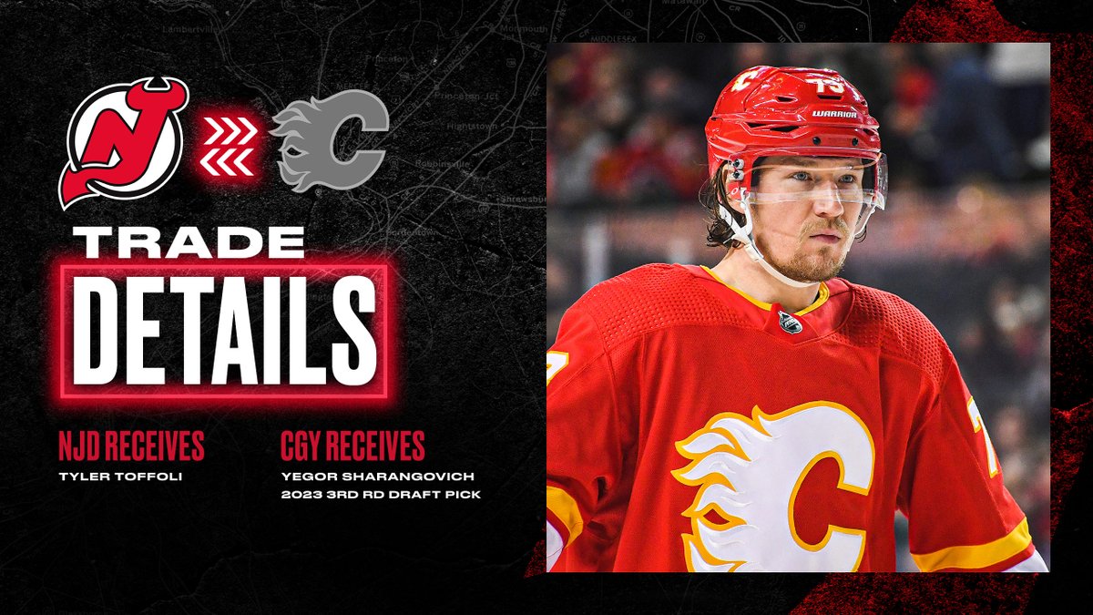 NJDevils's tweet photo. 🚨 TRADE ALERT 🚨

We have acquired Tyler Toffoli from Calgary in exchange for Yegor Sharangovich and our 2023 3rd Round Draft Pick.

📰 Full Details: https://t.co/oi4R3Ewm3r https://t.co/TzM7gYRtOS