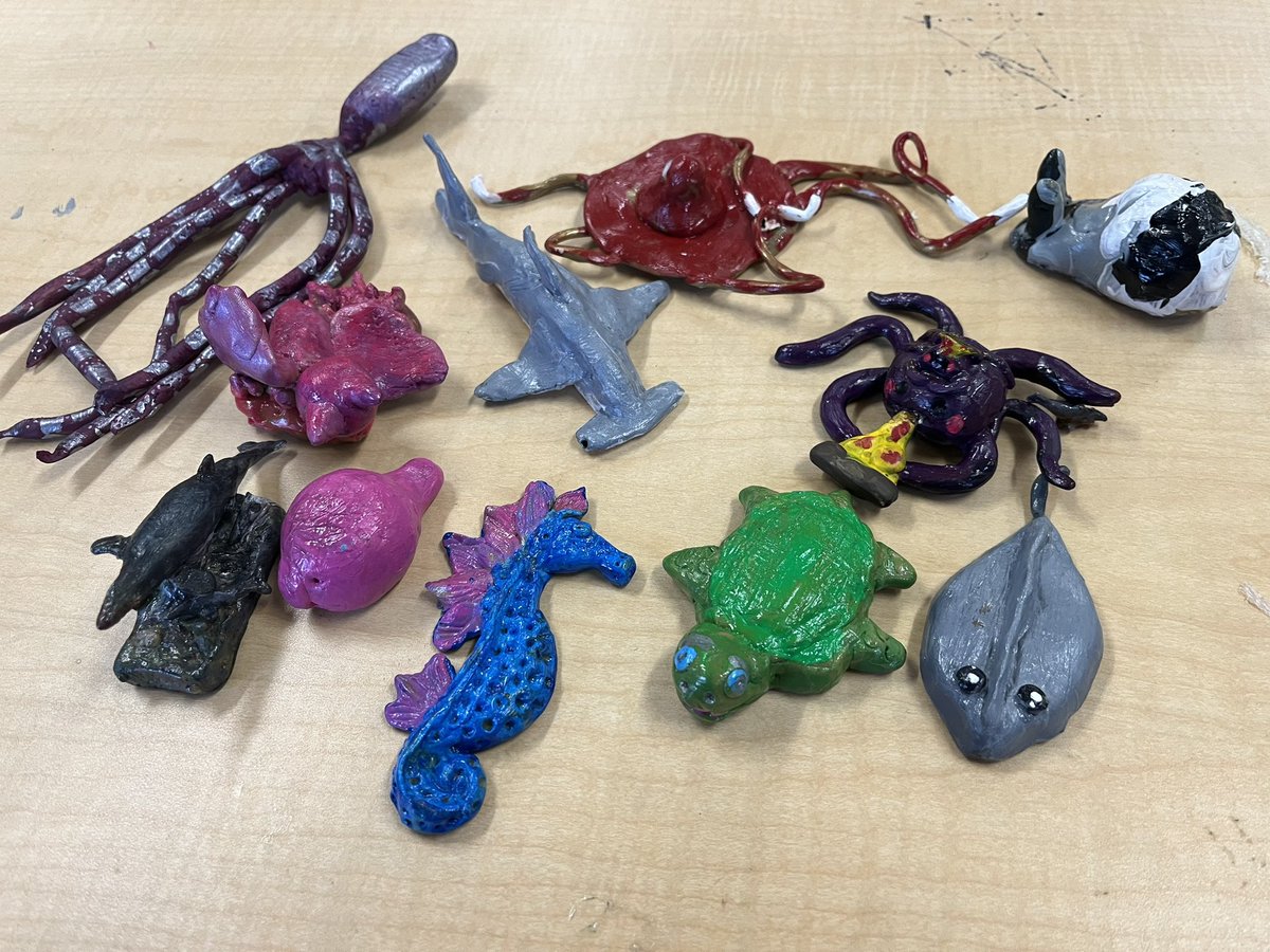 The grade sixes painted their sea creature sculptures this week! They made them out of polymer clay earlier in the year! <a href="/QueenMaryHwdsb/">Queen Mary School HWDSB</a>
