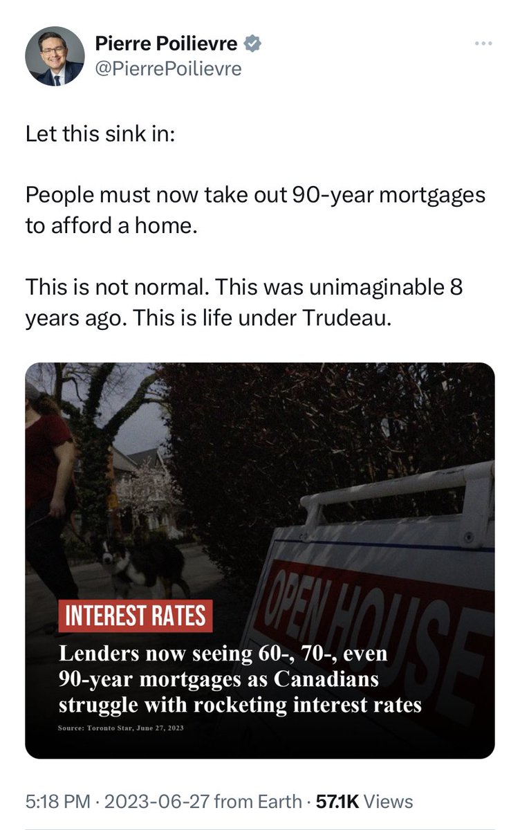 Let this sink in:

.@PierrePoilievre is a homeowner, a landlord, and career legislator, and he doesn’t know that the maximum amortization period for CMHC-backed mortgages is 25 years.

Or that he doesn’t know he voted 3 times to lower the max amortization from 40 to 25 years.