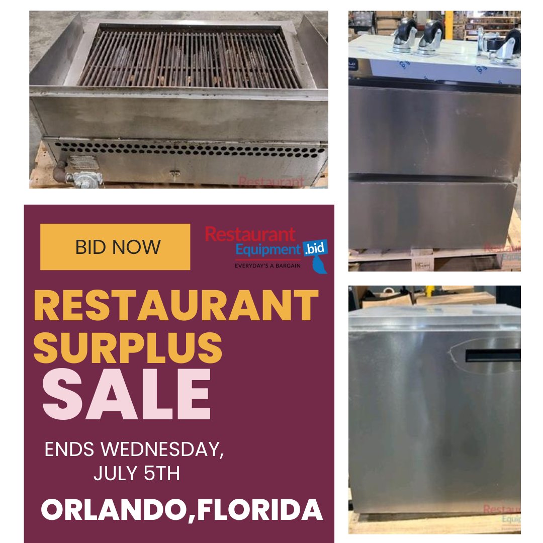 Restaurant Surplus Equipment in Orlando, Florida started!!! Bidding starts at $1!!! Don't miss your chance to bid! Hurry now!!!👀 #restaurant #restaurantowner #surplus #equipment #kitchen #sale 
ow.ly/jBAh50OYNth