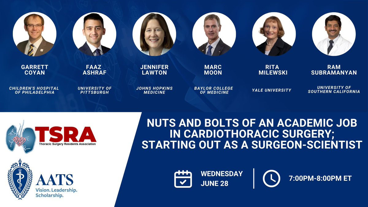 TSRA (@tsra_official) on Twitter photo Tomorrow at 7:00PM - don't miss the AATS/TSRA career development webinar! Ideal for early career surgeons & trainees. Tune in and get the advice you need to secure your career success. <a href="/TSRA_official/">TSRA</a>
View webinar: ow.ly/rm1G50OXiAM
<a href="/MarcMoonMD/">Marc Moon</a> <a href="/CoyanGarrett/">Garrett Coyan</a> <a href="/faazash/">Faaz Ashraf</a> Tomorrow at 7:00PM - don't miss the AATS/TSRA career development webinar! Ideal for early career surgeons & trainees. Tune in and get the advice you need to secure your career success. <a href="/TSRA_official/">TSRA</a>
View webinar: ow.ly/rm1G50OXiAM
<a href="/MarcMoonMD/">Marc Moon</a> <a href="/CoyanGarrett/">Garrett Coyan</a> <a href="/faazash/">Faaz Ashraf</a>