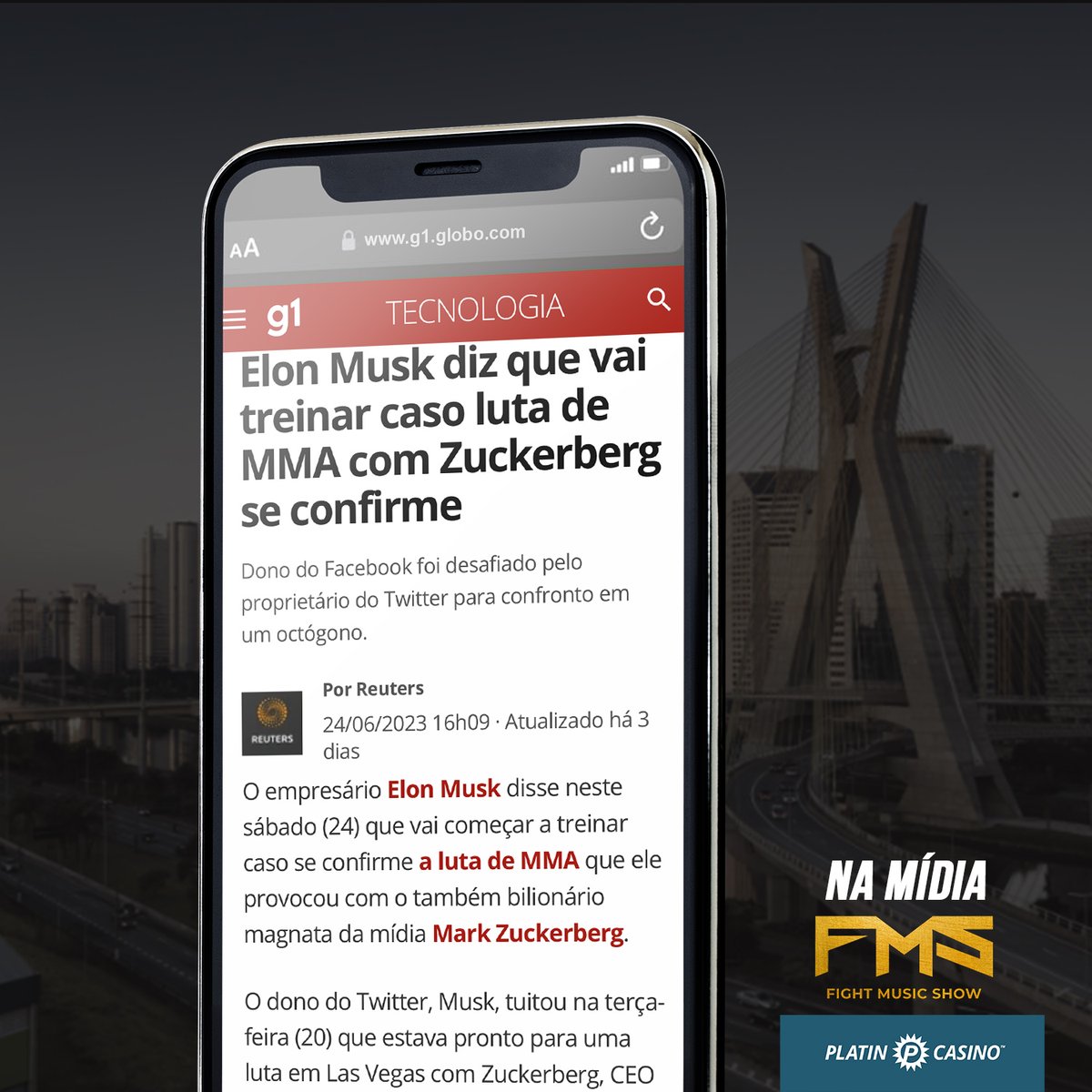 ‘Elon Musk diz que vai treinar caso luta de MMA com Zuckerberg se confirme’
➡ Matéria: @g1  - O Portal de Notícias da globo

🔗 Link: g1.globo.com/mundo/noticia/…

@Platincasino_BR | @Platincasino

#fms #FightMusicShow #news #aporradavaicantar #FMS3 #metropoles