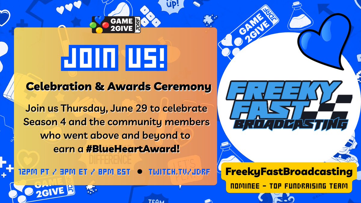 We're proud to announce that we've been nominated for a @JDRFGame2Give #BlueHeartAward. Take a look at the details below and tune in with us at 3pm EST on Thursday, June 29th!

#iRacing | #FreekyFast