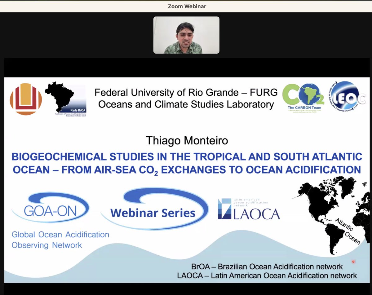 thiagoarckhell's tweet photo. So delighted to participate in the @goa_on webinar co-hosted by #LAOCA and talk about the studies conducted by @leocfurg and the Brazilian #Ocean #Acidification Network (#BrOA) on #biogeochemistry in diverse environments along the #Atlantic Ocean. 🥰 https://t.co/XIIixYqsfR