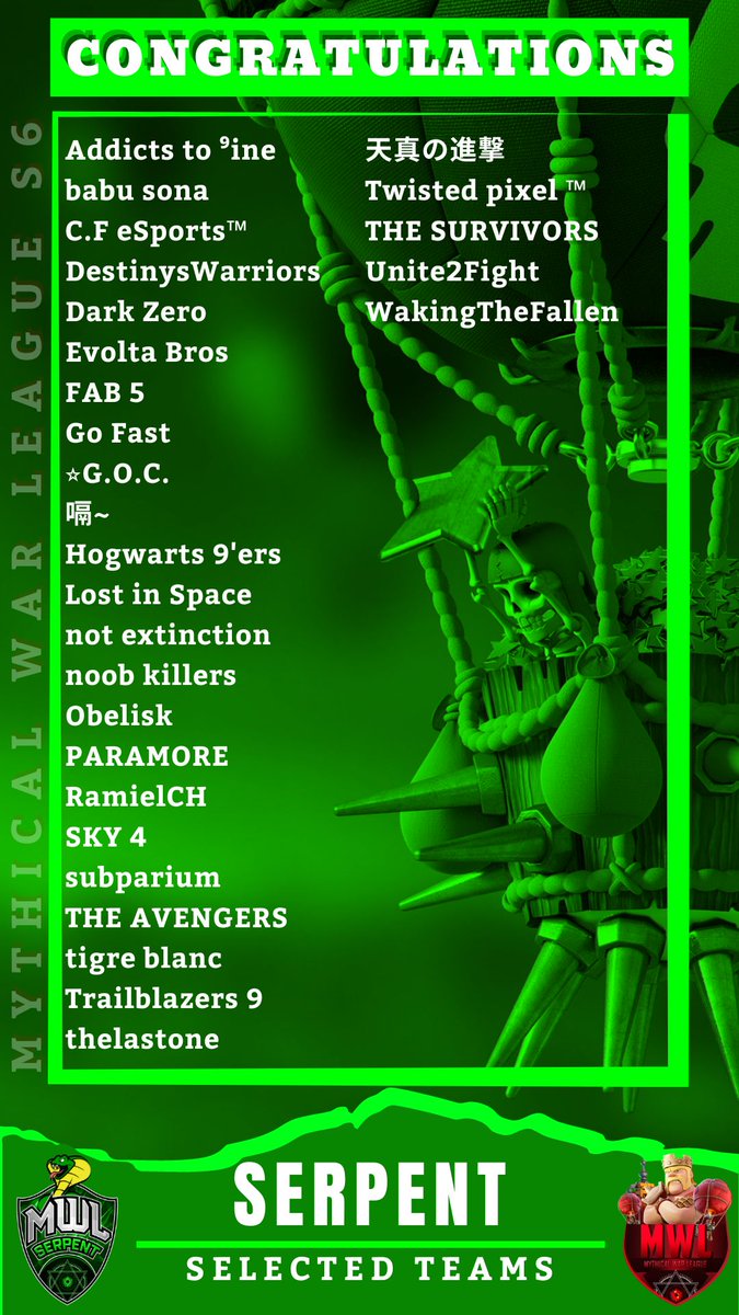 We are excited to reveal the Selected Clans playing for the Serpent Division. You made it! 
Sponsored by: <a href="/hardcorebases/">hardcorebases</a>