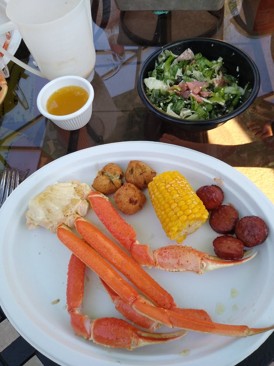 Grandsons wanted My Crab legs. I slice the legs open and pour butter mixed with Old Bay and stick them on the smoker for 20 minutes. Corn, Smoked sausage and hush puppies with a salad  they devoured all of it 👍