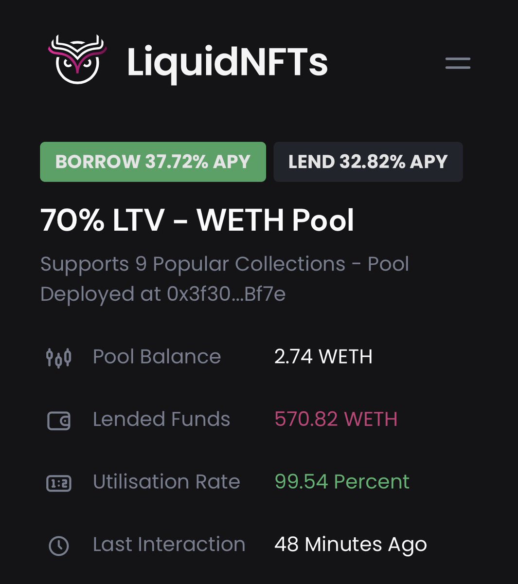 Lend WETH on @Liquid_NFTs rn with a current APY of 32.82% 💰

👇