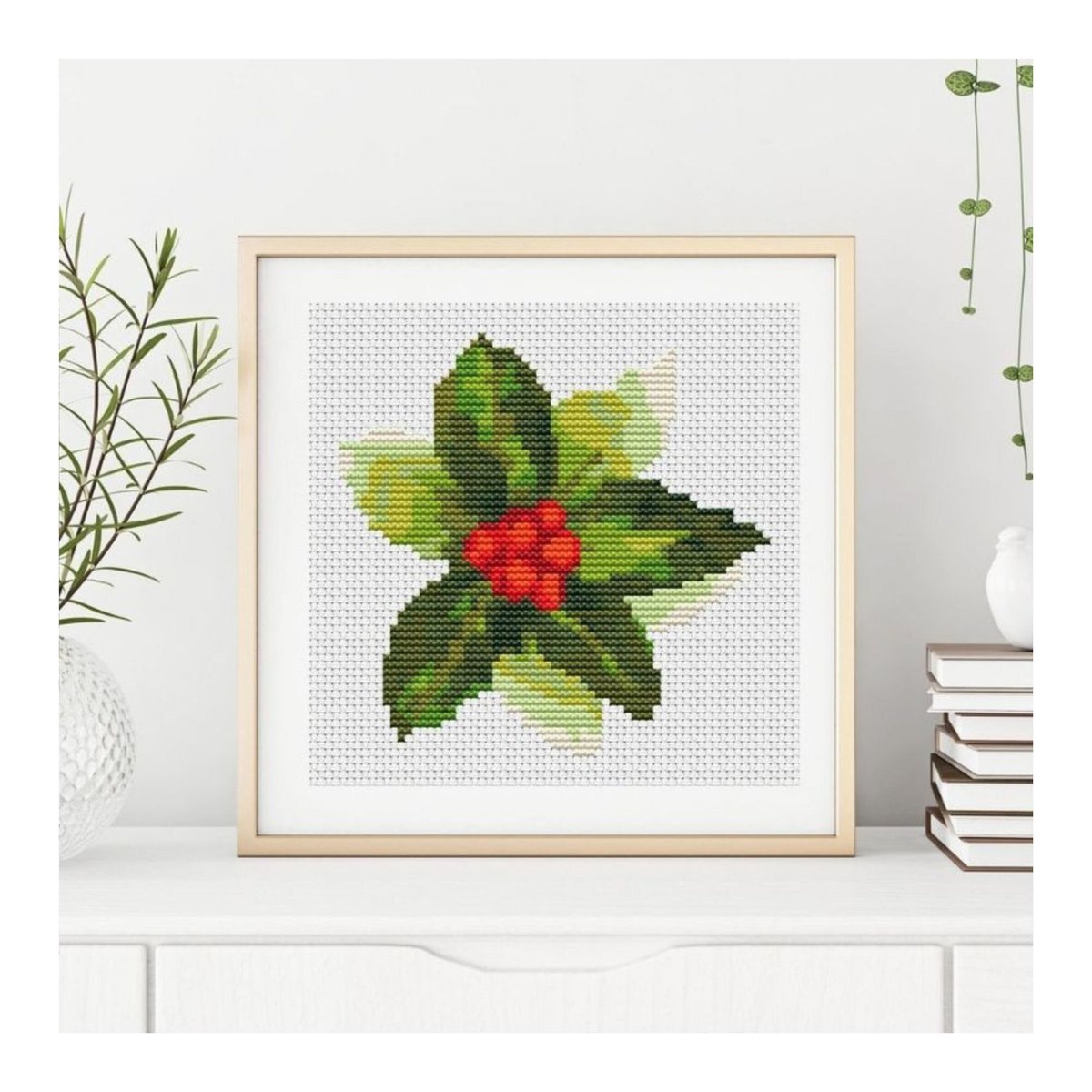 Christmas Holly Cross Stitch Pattern | Holiday Cross Stitch etsy.me/3O0rrJv #crossstitch #crossstitchpattern #crossstitchchart #minicrossstitch #hollycrossstitch #xmascrossstitch #embroiderychart #holidaycrossstitch #christmas