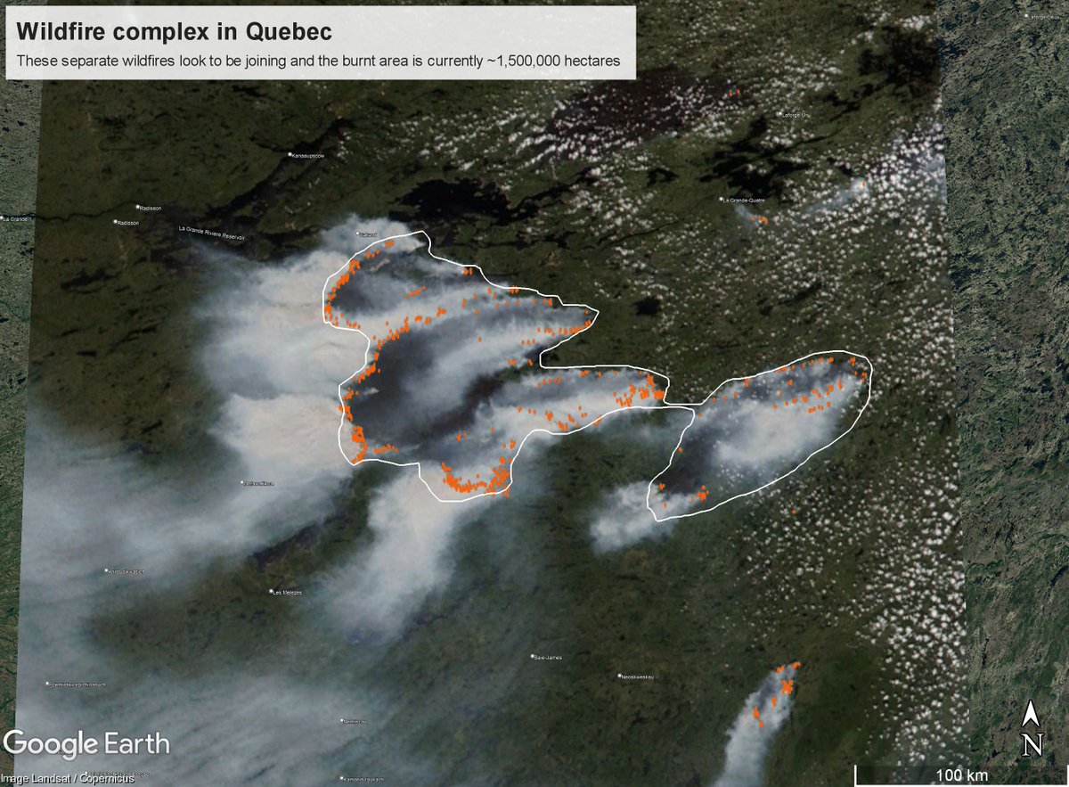 This wildfire complex in Quebec is merging & the burnt area is now at ~1,500,000 hectares. That's the size of Northern Ireland or the State of Connecticut.
Image from 25 June 2023, animation in the next tweet... 
🇨🇦🔥🛰️ #Quebecfires #CanadaWildfires