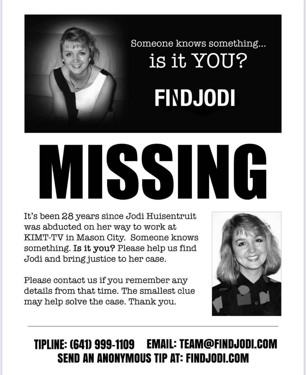 Let's bring Jodi home.

Anyone with information can reach out to @IowaDPS @findjodi @MasonCityPD.  

Don't sit in silence the time to talk is NOW.  #findjodi #iowa #coldcase #missingperson #jodi #huisentruit #kimt #tv #news #anchor #masoncity