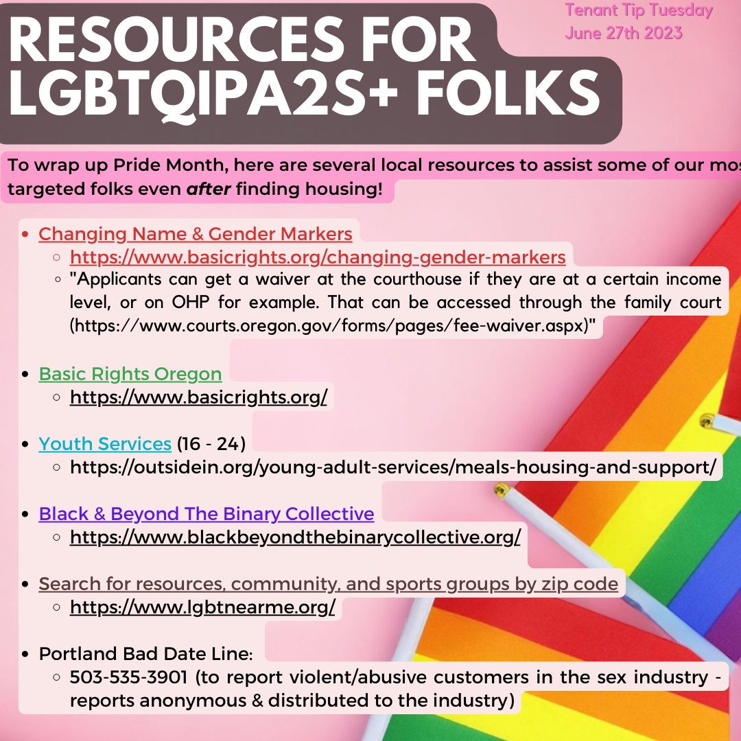 With Pride Month coming to an end and the anniversary of the Stonewall Uprising, we wanted to share some local PDX resources for LGBTQ+ folks:
basicrights.org/changing-gende…
outsidein.org/young.../meals…
blackbeyondthebinarycollective.org
lgbtnearme.org
calltosafety.org/services/bad-d…