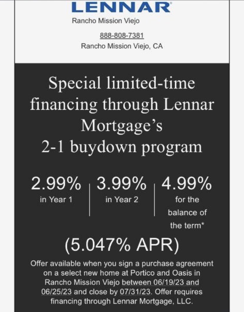 Lennar doing mega buydowns in the Orange County CA market. Taking advantage of their unique positioning.