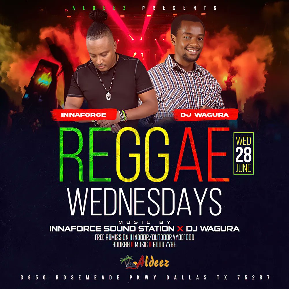 djebou's tweet image. Let loose and get ready for some reggae vibes! Join us this Wednesday at Aldeez for Reggae Wednesday! Enjoy beats by Innaforce Sound &amp;amp; DJ WAGURA and admission is free. Don't miss out! #ReggaeWednesday #Aldeez #Innaforce #DJWAGURA #FreeAdmission buff.ly/3CQwNAk